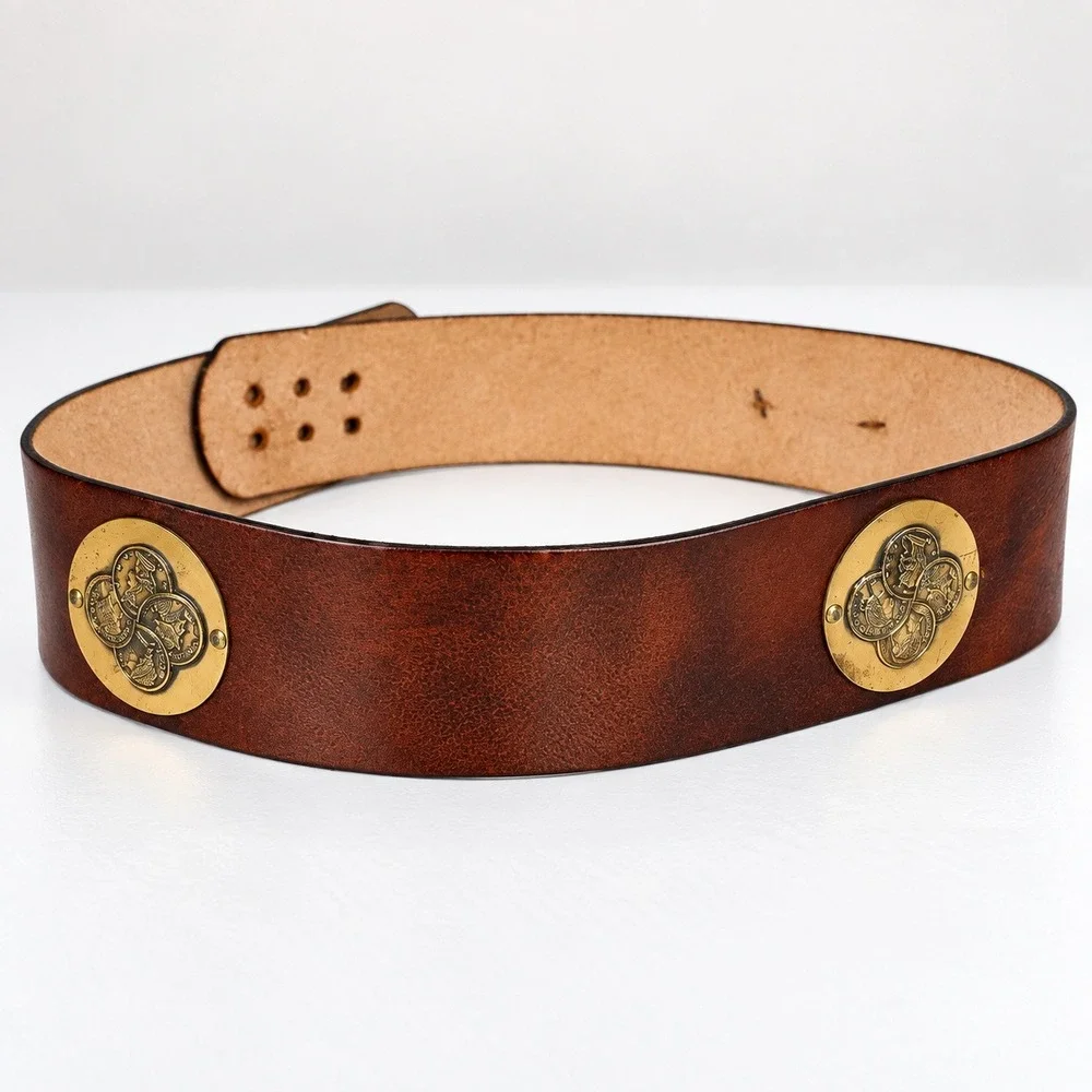 Vintage 70s Garay Leather Coin Belt Women XS 26In Brown Medallion Cowhide Boho